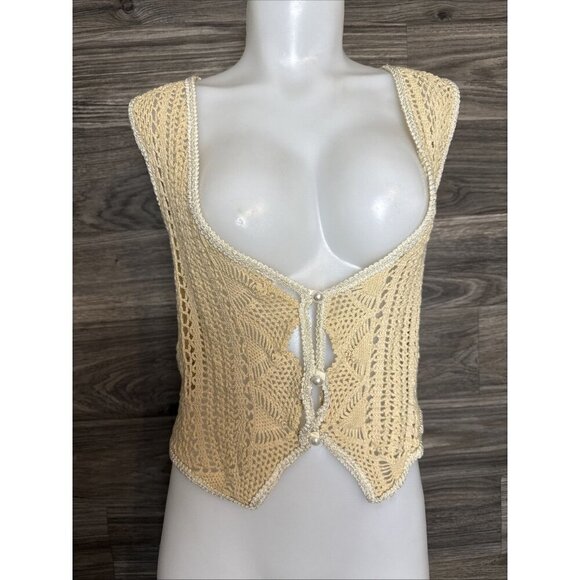 Festival Tops - Vtg Crocheted Lace Vest In Cream Beige Boho Festival Wear